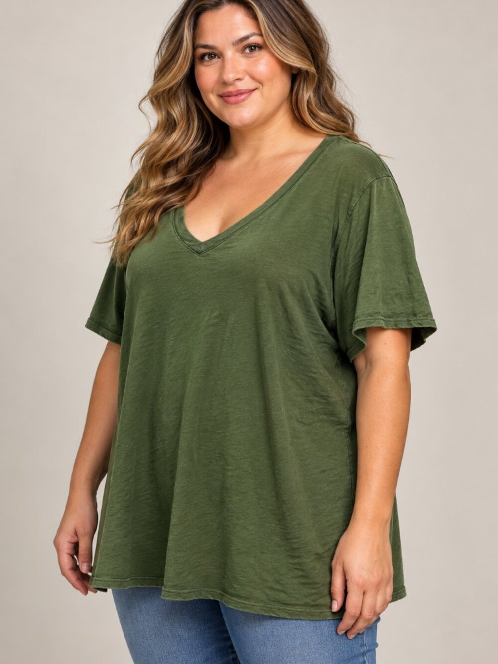 Cynthia Rowley 2X Olive Green Coastal Boho Relaxed V Neck Cotton Tee
